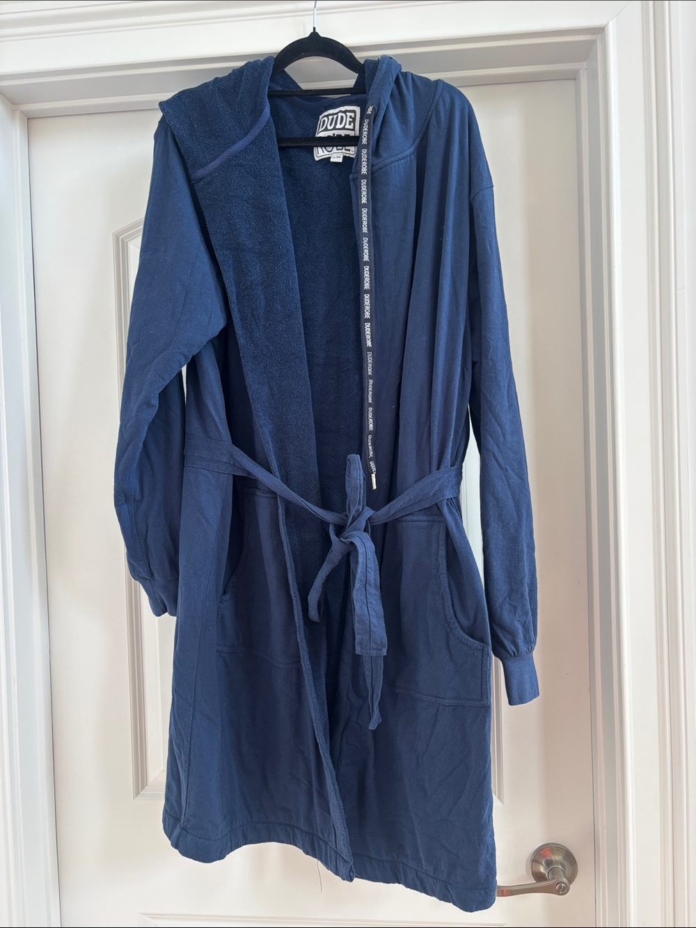 Dude Navy Hooded Lounge Robe with Tie Belt